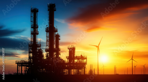 stunning sunset illuminates ultra modern oil refinery alongside wind turbines, showcasing blend of traditional and renewable energy sources