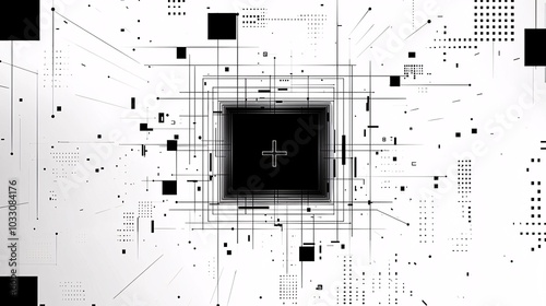 Futuristic Cyberpunk Frame - Minimalistic Vector Art with Bold Black Lines and Cross Accents in Monochrome Palette