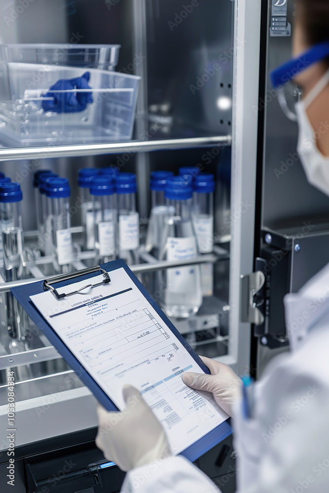 Technician inserting water samples into purification machine, detailed notes on clipboard, lab background Technician inserting water samples into purification machine, detailed notes on clipboard, lab background