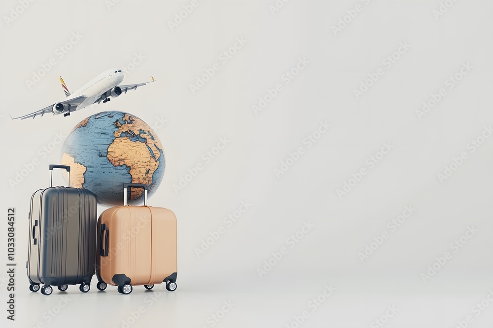 Fototapeta premium 3D render of a travel concept with a globe, airplane, and suitcases on a white background. 