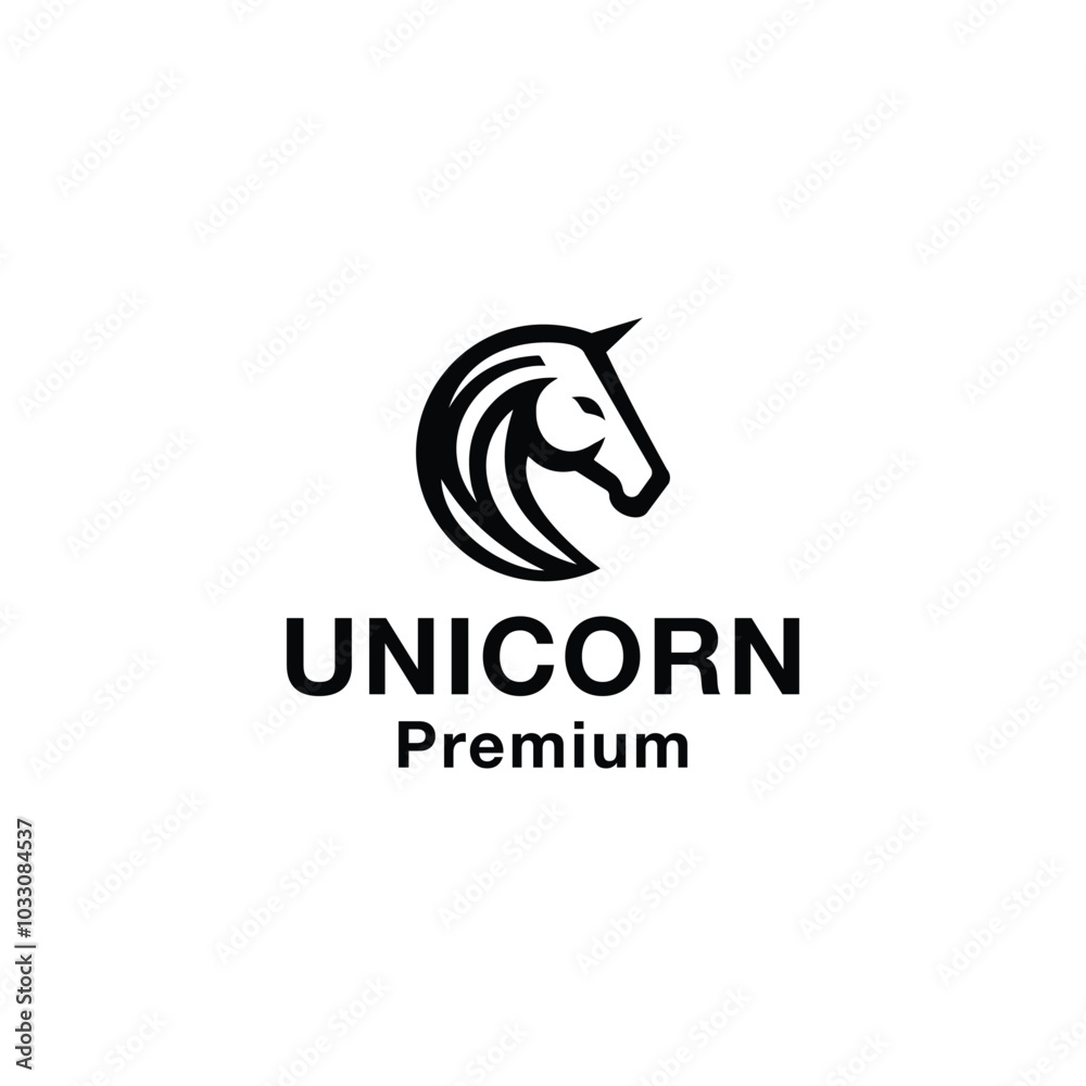 A minimalist and modern unicorn head, drawn with sharp curved lines. The unicorn has one sharp horn pointing upwards. A minimalist and modern unicorn head, drawn with sharp curved lines. The unicorn has one sharp horn pointing upwards.