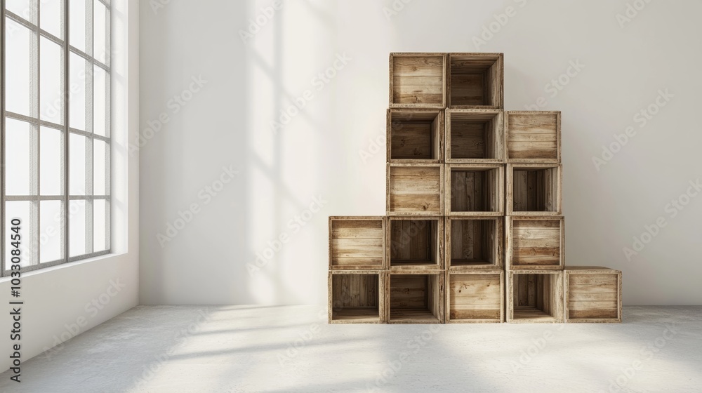Minimalist wooden crates elegantly stacked in a bright and spacious room with large windows and natural light Minimalist wooden crates elegantly stacked in a bright and spacious room with large windows and natural light