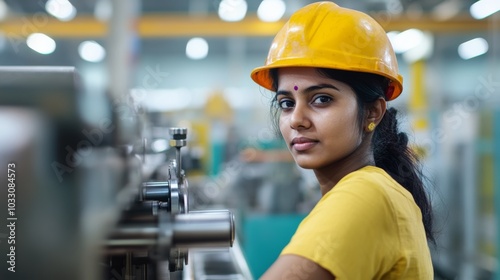 Wallpaper Mural An Indian female worker managing machinery in a factory, confidently working on technical processes, wearing safety gear Torontodigital.ca