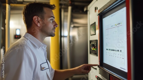 An industrial engineer reviewing fire safety protocols using a virtual control panel, monitoring AI-driven fire protection systems in real time photo