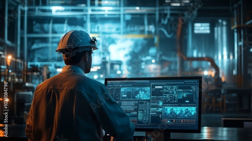 An industrial engineer working with automated fire safety solutions, using a virtual control panel to manage fire risks in a manufacturing plant