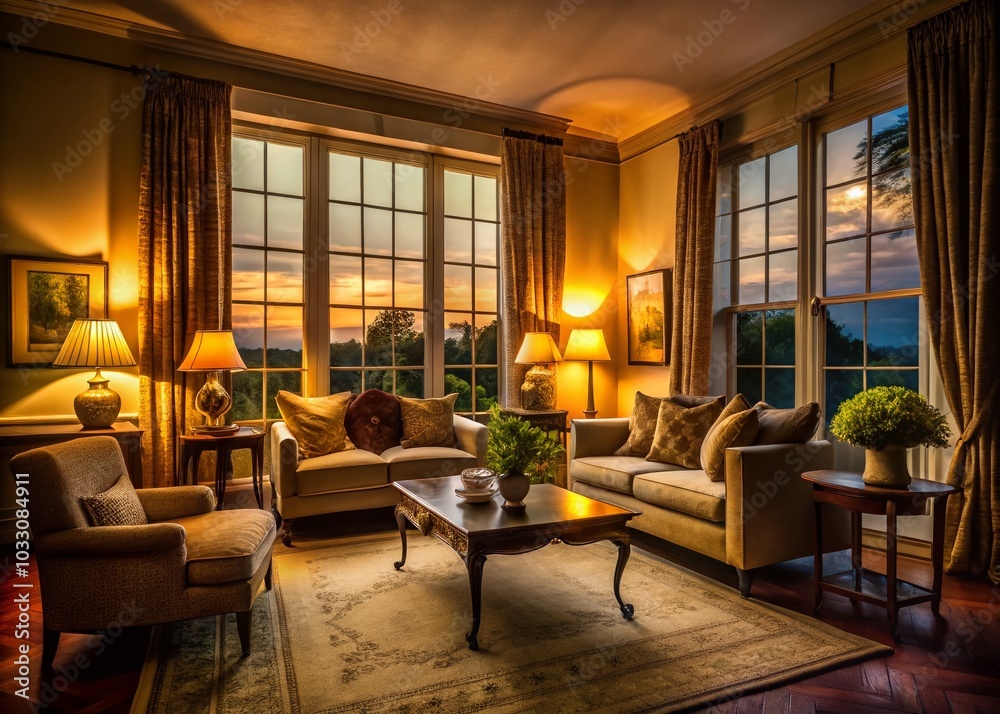 Fototapeta premium Elegant Low Light Room with Natural Light Streaming Through Large Window