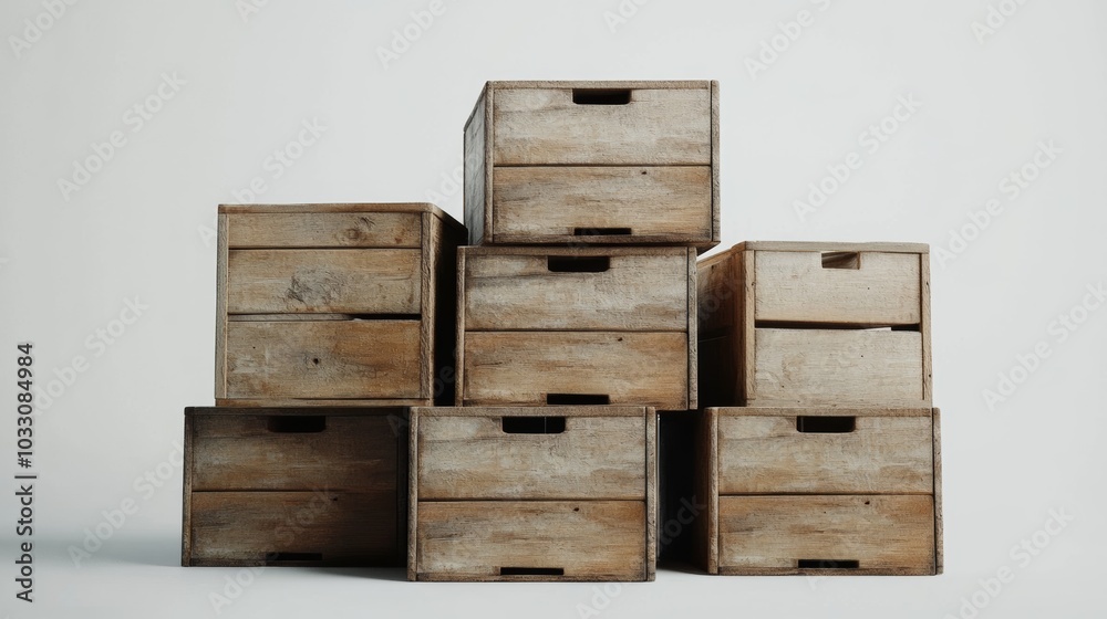 Stacked wooden crates featuring a clean and minimalist design, arranged in an artistic formation against a soft backdrop Stacked wooden crates featuring a clean and minimalist design, arranged in an artistic formation against a soft backdrop
