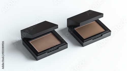 Two stylish makeup compacts with brown powder, black cases on white isolated background.