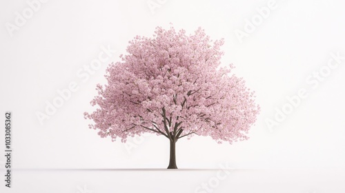 A single, isolated cherry blossom tree with pink flowers, against a white background.