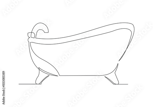 Continuous single line sketch drawing of bathtub clawfoot bath tub luxury bathroom furniture one line vector illustration