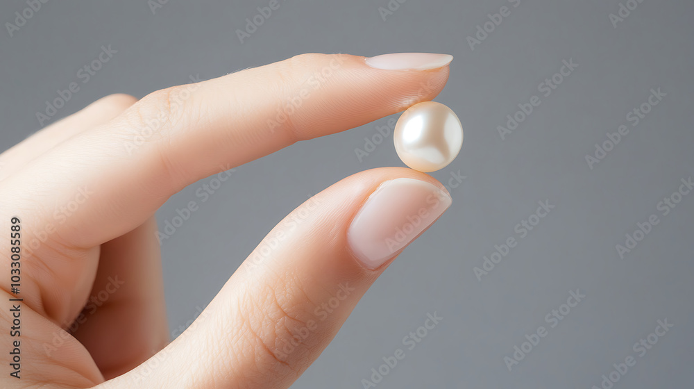 Hand of a woman holding a small white pearl with two fingers Hand of a woman holding a small white pearl with two fingers