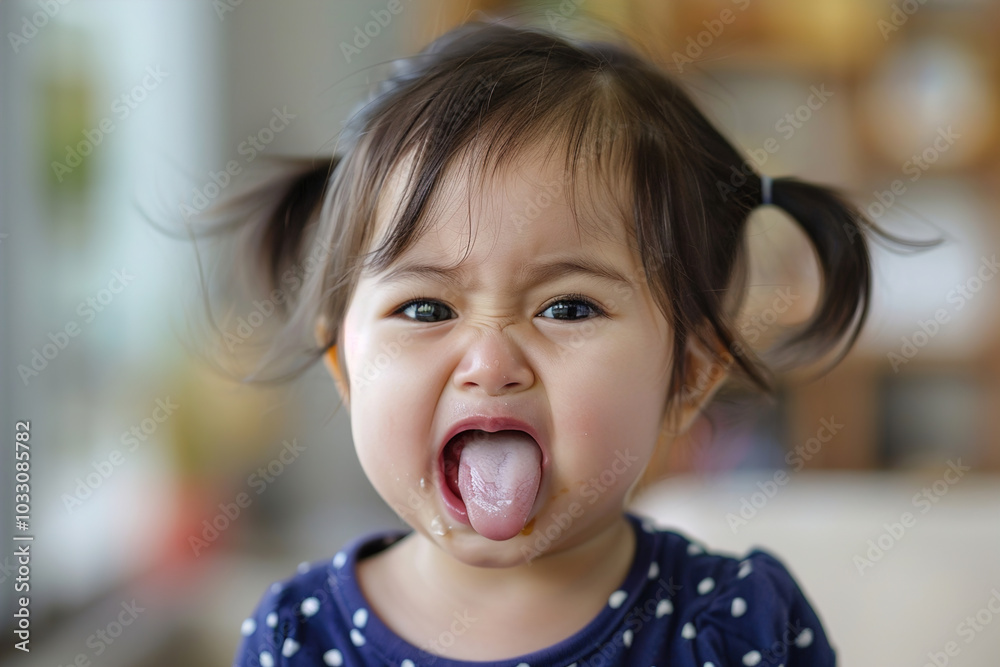 Child making a disgusted face, sticking out tongue, cringing at a bitter taste Child making a disgusted face, sticking out tongue, cringing at a bitter taste