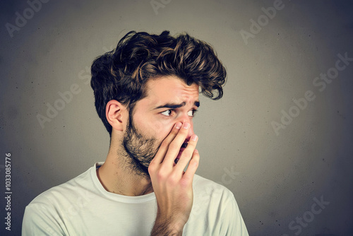 Man recoiling in disgust, covering nose, looking away from unpleasant odor, expression of revulsion