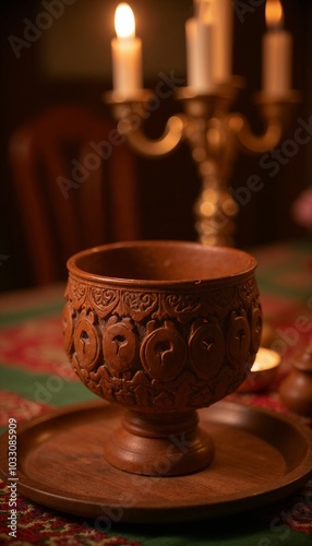 Macro shot of Unity Cup on Kwanzaa table, highlighting detailed carvings in soft candlelight