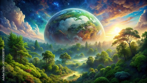 Enchanted Planet Surrounded by Lush Forest - Captivating Nature Product Photography