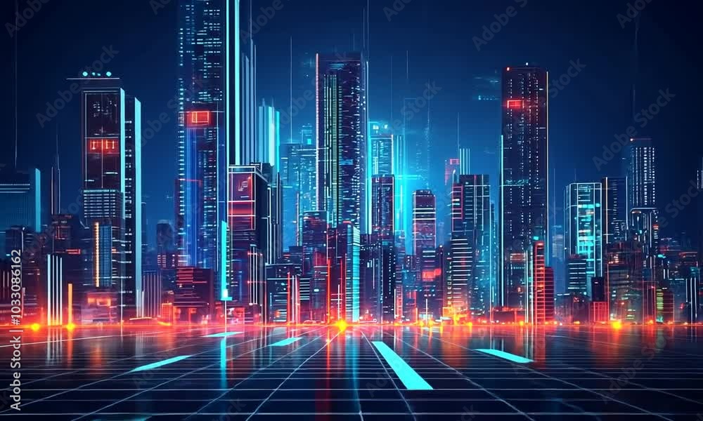 Futuristic city skyline with digital lines and glowing lights.