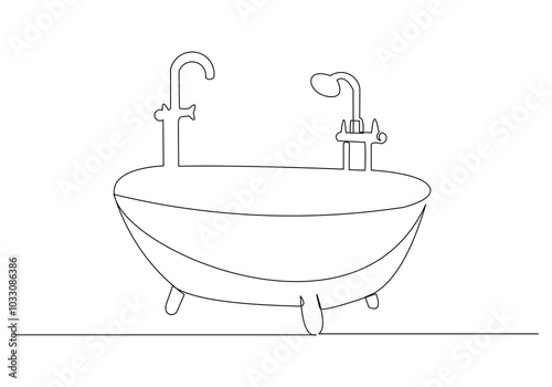 Continuous single line sketch drawing of bathtub clawfoot bath tub luxury bathroom furniture one line vector illustration