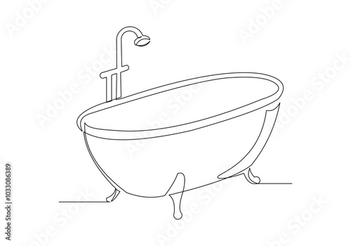 Continuous single line sketch drawing of bathtub clawfoot bath tub luxury bathroom furniture one line vector illustration