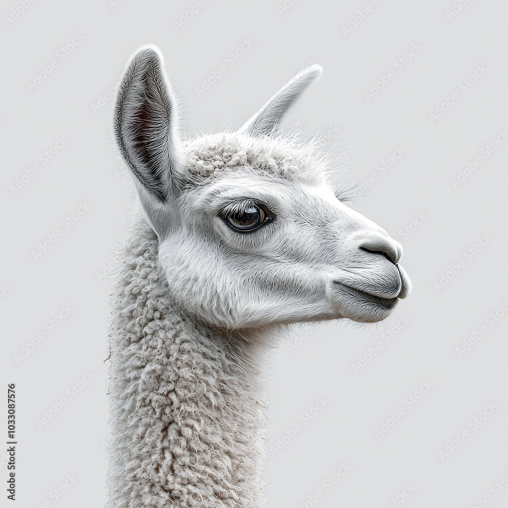 Obraz premium A close-up profile of a fluffy llama against a neutral background.