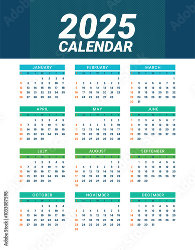 Modern 2025 new year english wall calendar template printable design