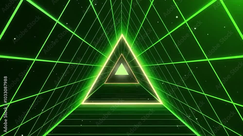 Abstract green neon triangle tunnel with glowing lines and a grid pattern.