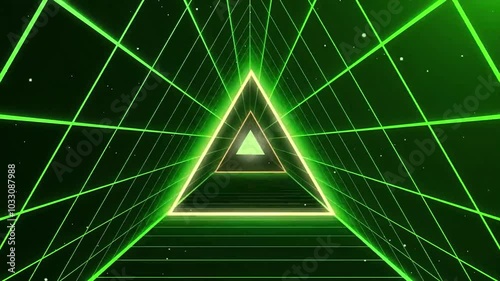 Abstract green neon triangle tunnel with glowing lines and a grid pattern.