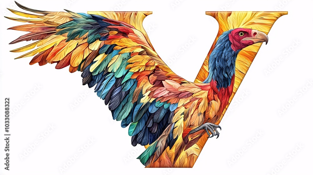 Lively Vulture Near the Letter V in Playful Colors Lively Vulture Near the Letter V in Playful Colors