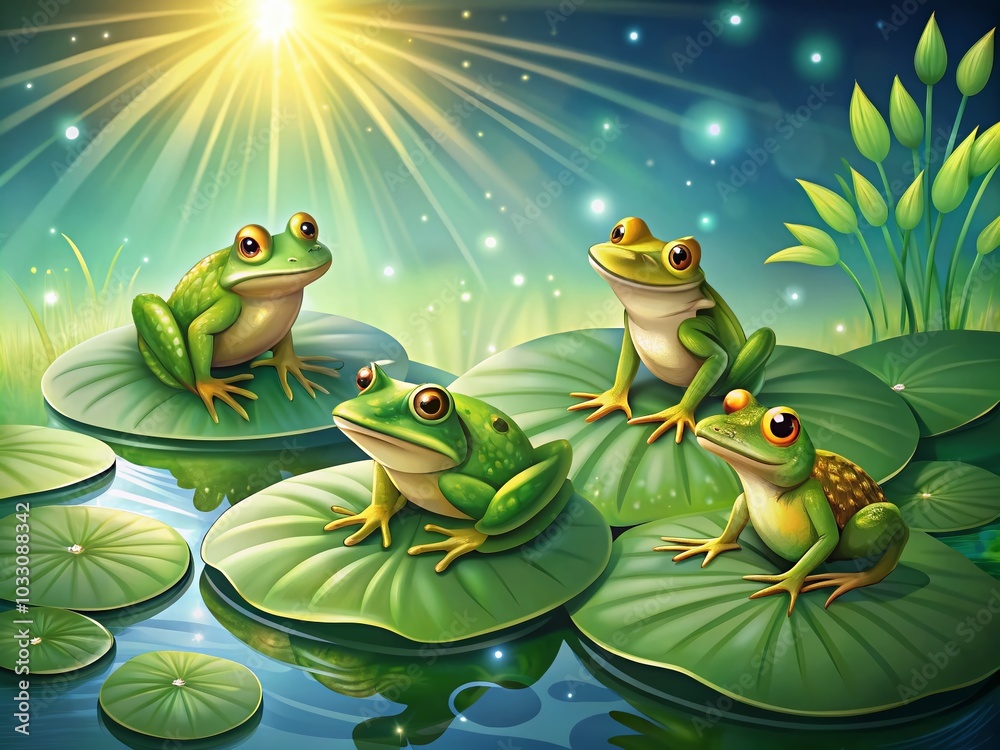 Fototapeta premium Five Frogs on Water Lily Leaf in Serene Lake Landscape - Nature Illustration