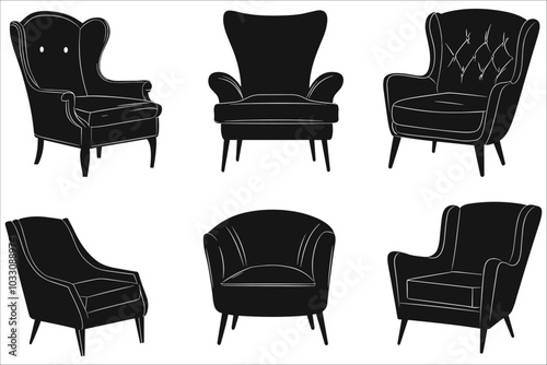 Set of cozy armchair silhouettes vector art. Stylish armchair silhouettes collection. Set of comfortable armchair silhouettes vector. Modern comfortable armchair silhouettes vector illustration