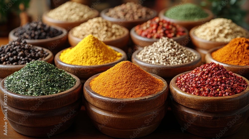 A colorful array of spices and herbs in wooden bowls, showcasing culinary diversity. A colorful array of spices and herbs in wooden bowls, showcasing culinary diversity.
