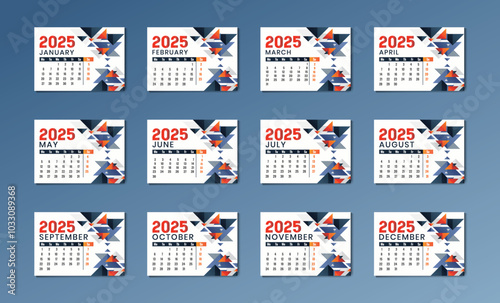 Modern 2025 new year english desk calendar template printable design