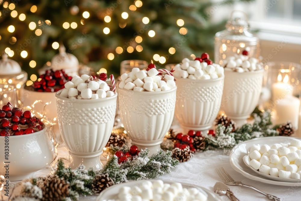 Festive Hot Cocoa Bar with Marshmallows and Cranberries at Christmas Celebration Festive Hot Cocoa Bar with Marshmallows and Cranberries at Christmas Celebration