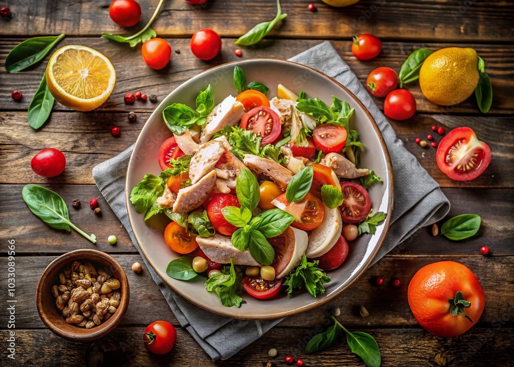 Fresh Homemade Chicken Salad with Tomatoes and Pomelos - Healthy Diet Concept, Top View Fresh Homemade Chicken Salad with Tomatoes and Pomelos - Healthy Diet Concept, Top View