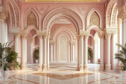 luxury pink and beige arch hotel entrance with large pillar and royal intricate carvings and elegant floor 