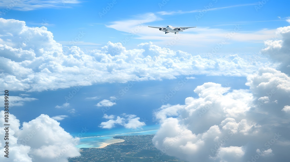 Fototapeta premium A serene view of an airplane soaring through fluffy clouds over a sparkling ocean, highlighting a picturesque sky and tranquil atmosphere.