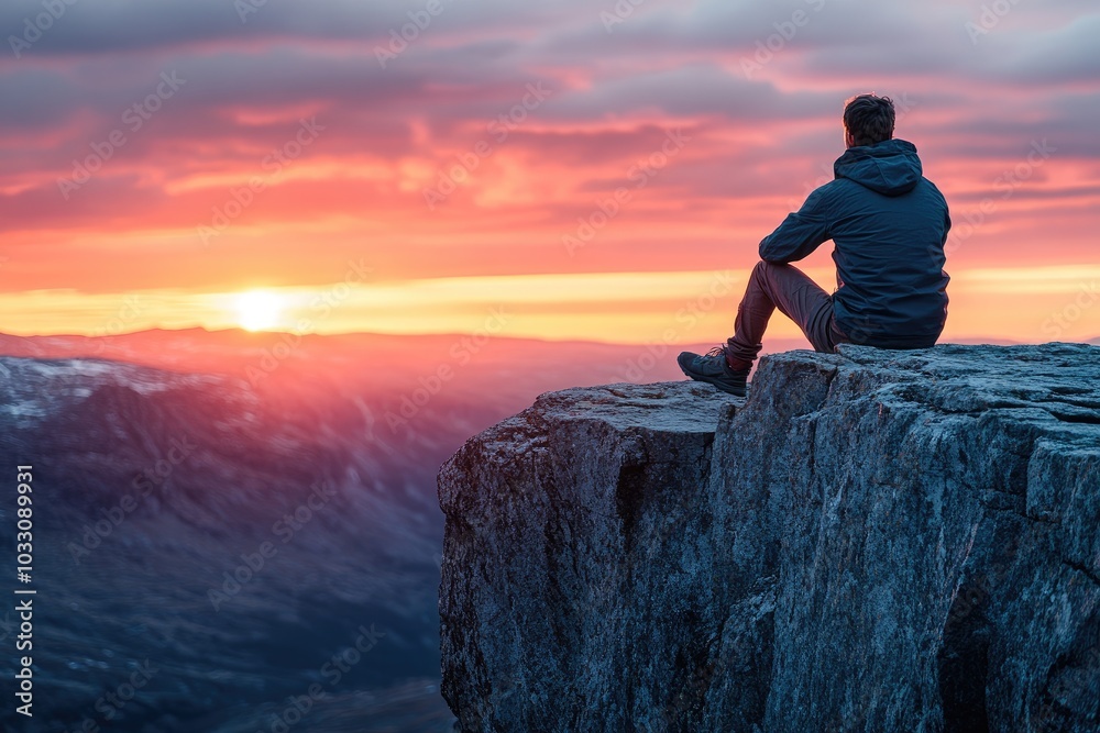 Obraz premium Solitary Contemplation: Man Watching a Vibrant Sunset from a Mountain Cliff