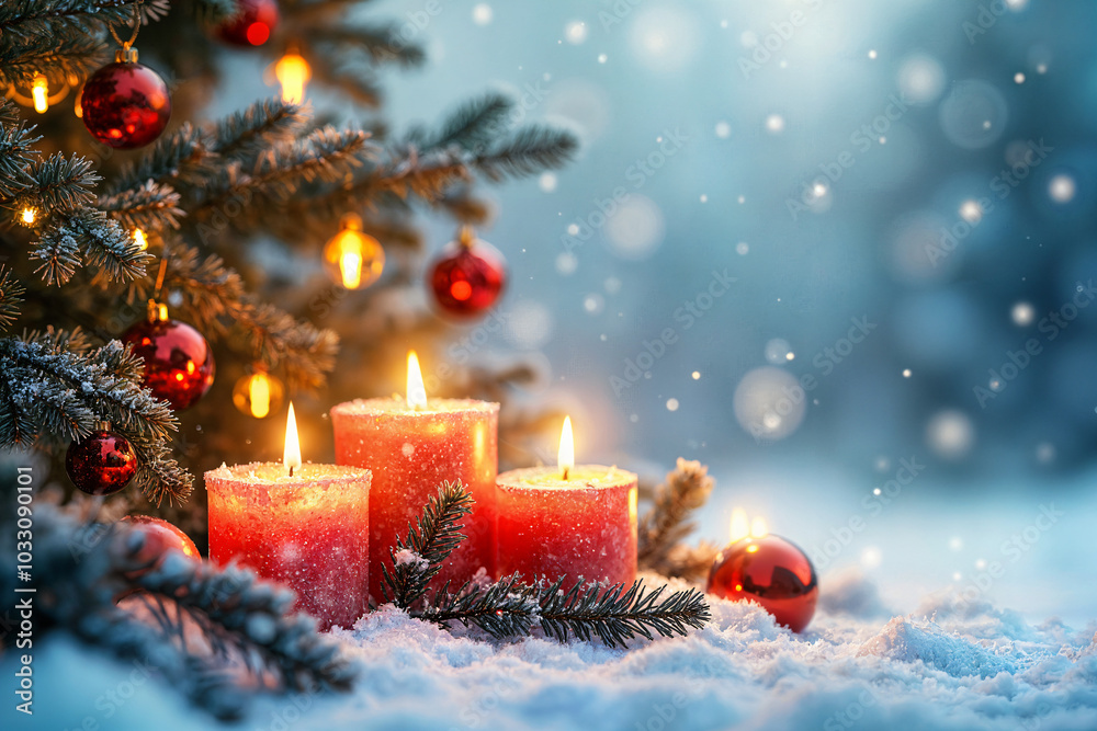 Festive Christmas scene with a snowy background, a lit-up Christmas tree adorned with red ornaments and lights, and three red candles placed on the snow. Festive Christmas scene with a snowy background, a lit-up Christmas tree adorned with red ornaments and lights, and three red candles placed on the snow.