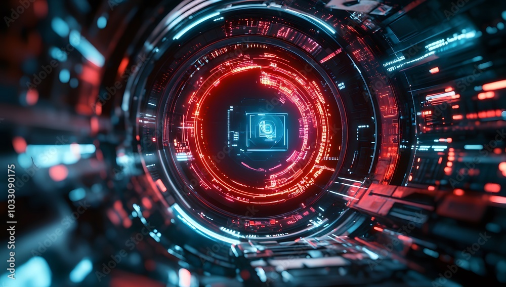 Obraz premium 3D rendering of a futuristic, round digital display with cyberpunk elements and red light inside a space station. 