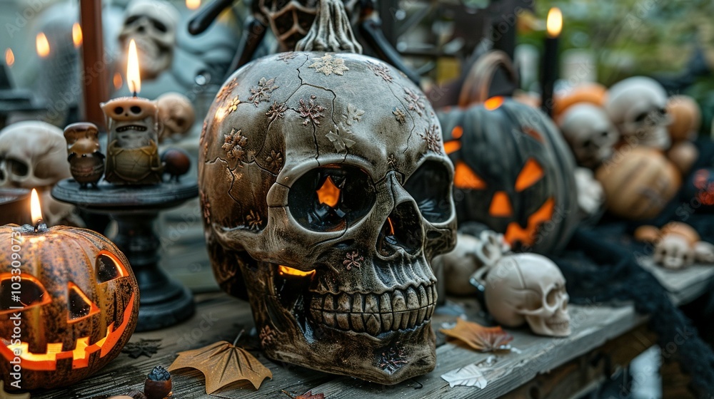 Illuminated Skull and Jack-o'-Lantern with Fall Decor Illuminated Skull and Jack-o'-Lantern with Fall Decor