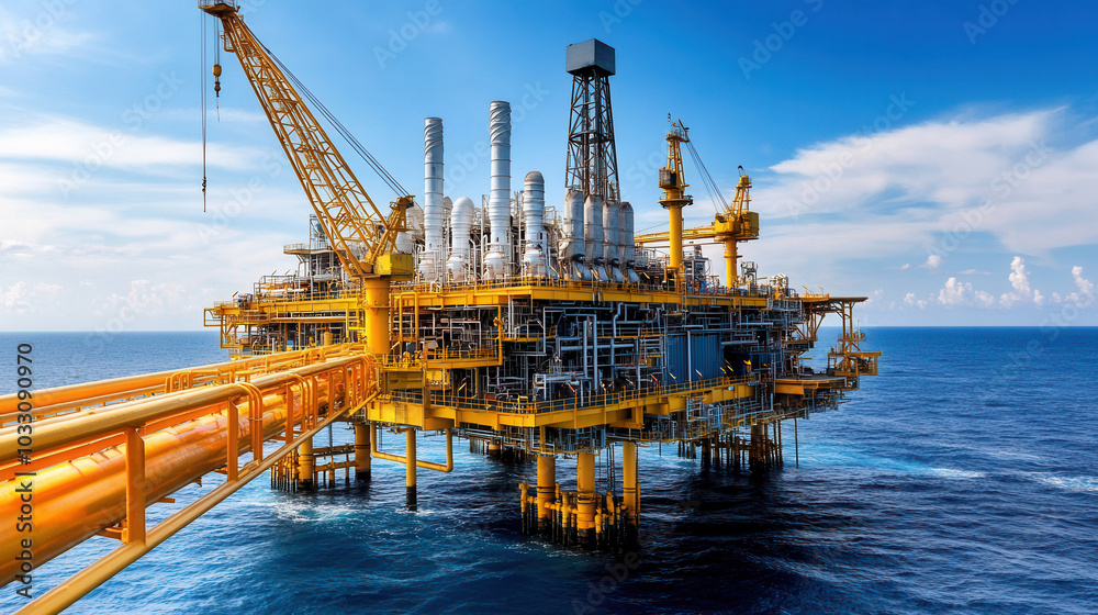 Close up of mechanical structure of oil rig in ocean, showcasing its intricate design and engineering. vibrant yellow color contrasts beautifully with blue sea and sky, creating striking industrial Close up of mechanical structure of oil rig in ocean, showcasing its intricate design and engineering. vibrant yellow color contrasts beautifully with blue sea and sky, creating striking industrial