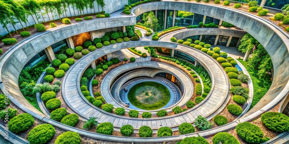 Futuristic Circular Architecture with Marble Design and Greenery in a Candid Style for Stunning Backgrounds and Futuristic Circular Architecture with Marble Design and Greenery in a Candid Style for Stunning Backgrounds and