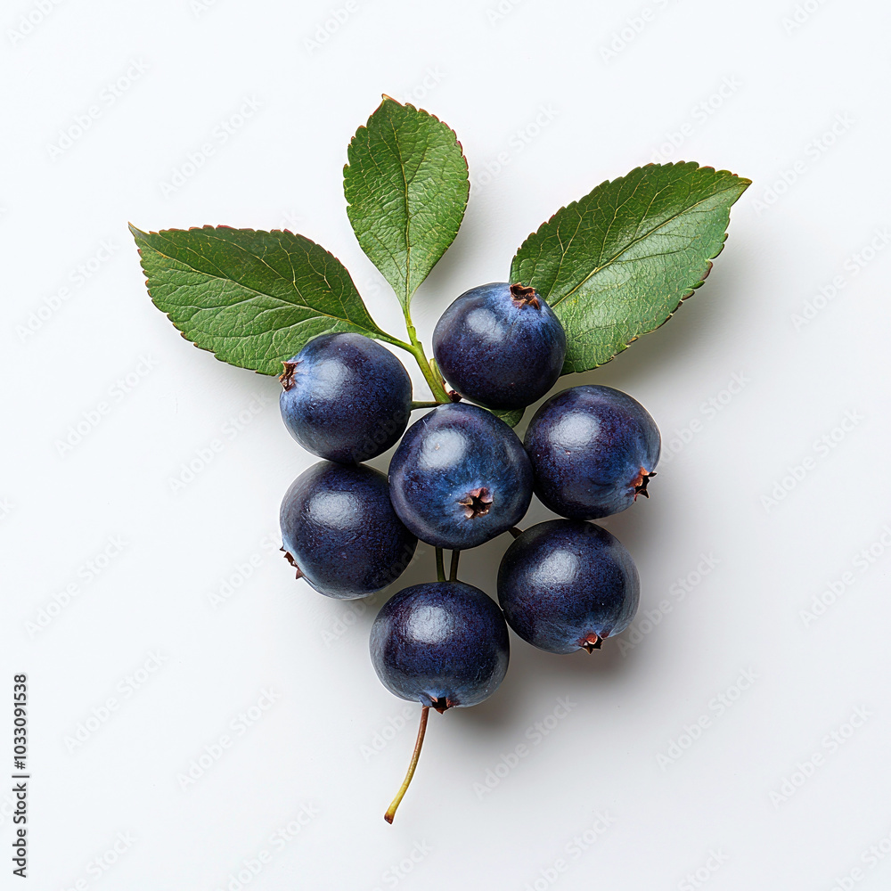 A cluster of dark blue berries with green leaves on a white background. A cluster of dark blue berries with green leaves on a white background.