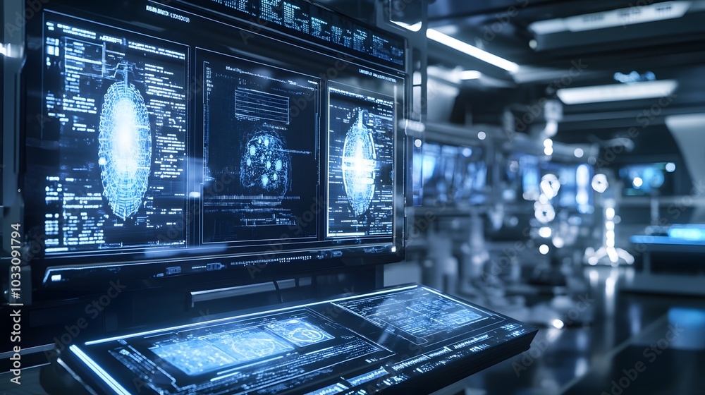 Futuristic Medical Technology with Blue-Lit Monitors Displaying Brain Scan Data Futuristic Medical Technology with Blue-Lit Monitors Displaying Brain Scan Data