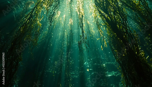 A dense forest of kelp-like trees that sway under the surface of an ocean