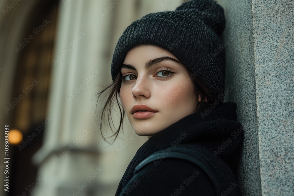 A stylish girl in black clothes on a city street. A stylish girl in black clothes on a city street.