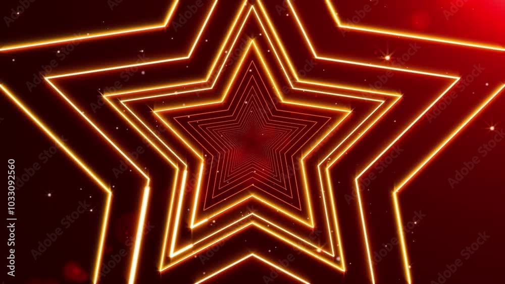 A glowing golden star shape tunnel on a dark red background with bokeh and particles.