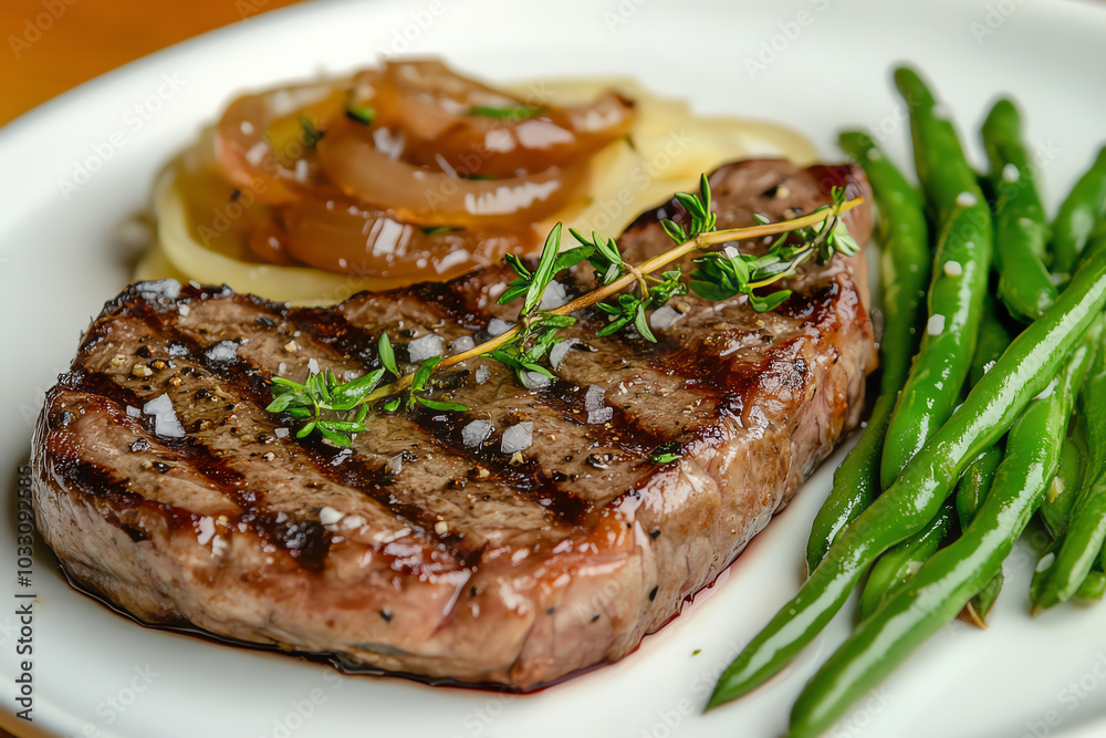 Grilled steak with sides, plated elegantly. Grilled steak with sides, plated elegantly.