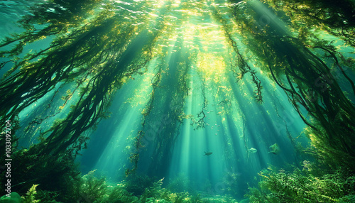 A dense forest of kelp-like trees that sway under the surface of an ocean