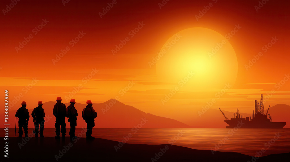 Sunset over oil platform with silhouetted workers in protective gear, creating dramatic scene. warm colors of sky reflect on water, enhancing serene yet industrious atmosphere Sunset over oil platform with silhouetted workers in protective gear, creating dramatic scene. warm colors of sky reflect on water, enhancing serene yet industrious atmosphere
