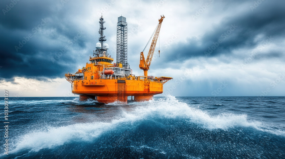 Offshore oil platform with cranes and drilling equipment surrounded by turbulent waves under dramatic sky. vibrant orange structure stands out against stormy backdrop Offshore oil platform with cranes and drilling equipment surrounded by turbulent waves under dramatic sky. vibrant orange structure stands out against stormy backdrop